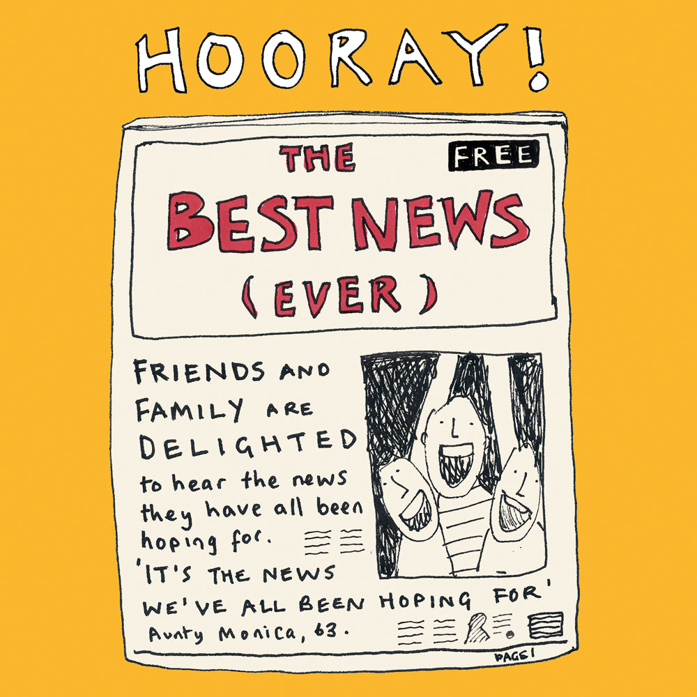 Best news ever! Hooray, celebration card, illustration, yellow, greetings card