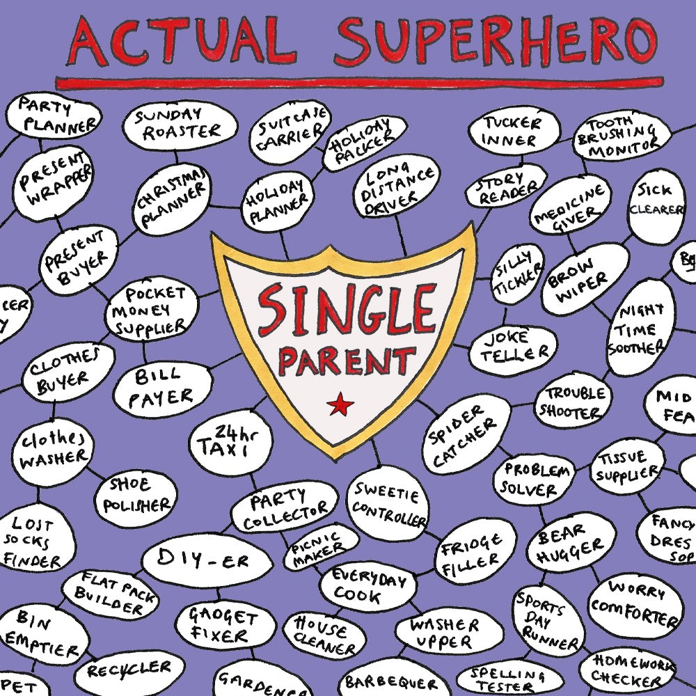 Card showing the words Actual Superhero; Single Parent and a huge list of all the things that they do everyday