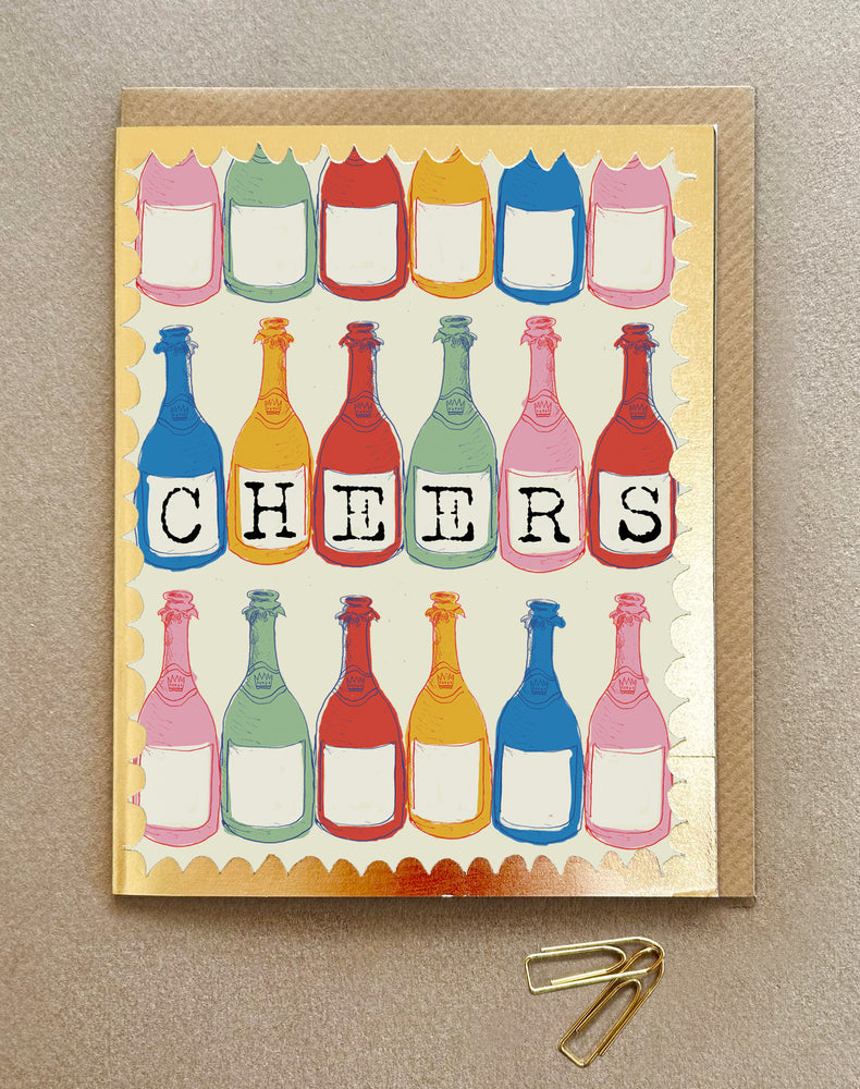 'Cheers Champagne Bottles' Greetings Card