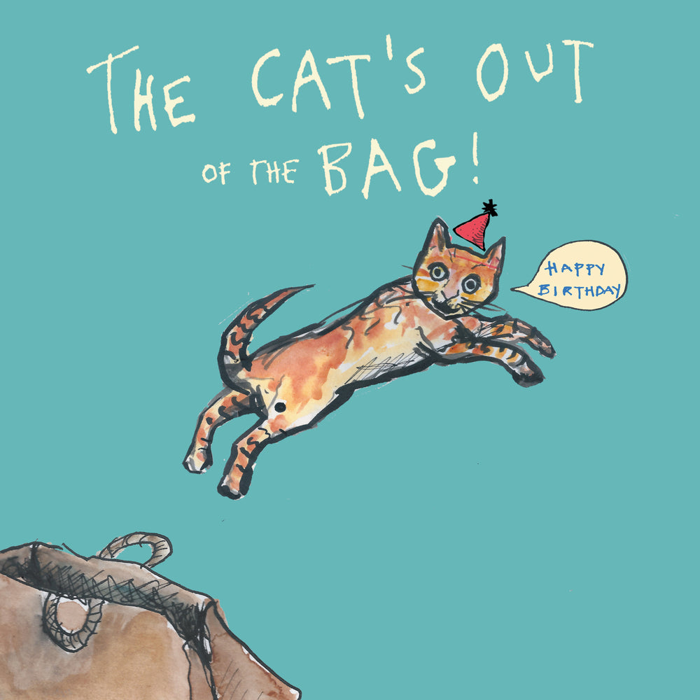 'The Cat's Out Of The Bag' Greetings Card