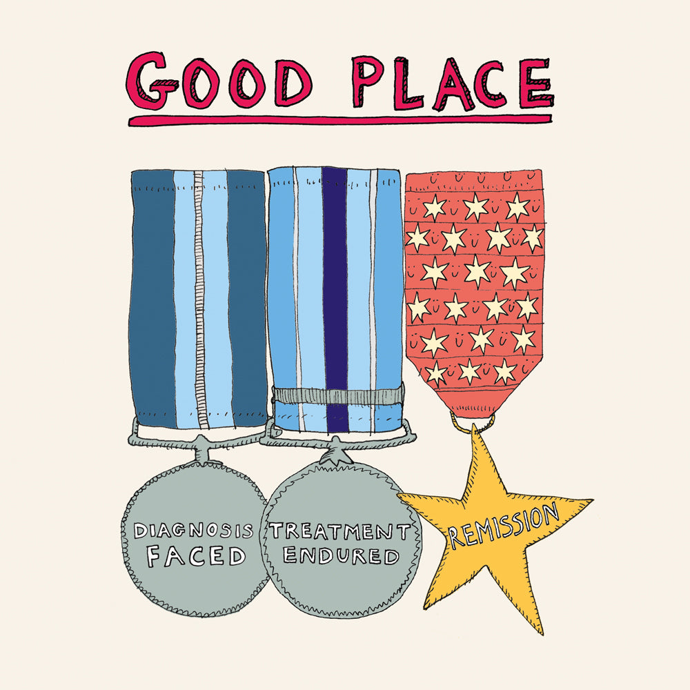 Medals for diagnosis, treatment and remission. Cancer support greetings card