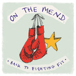 Boxing gloves; back to fighting fit, get well soon, greetings card