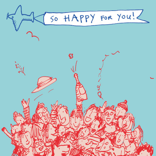 Illustration, cheering crowds and aeroplane with banner, celebration greetings card