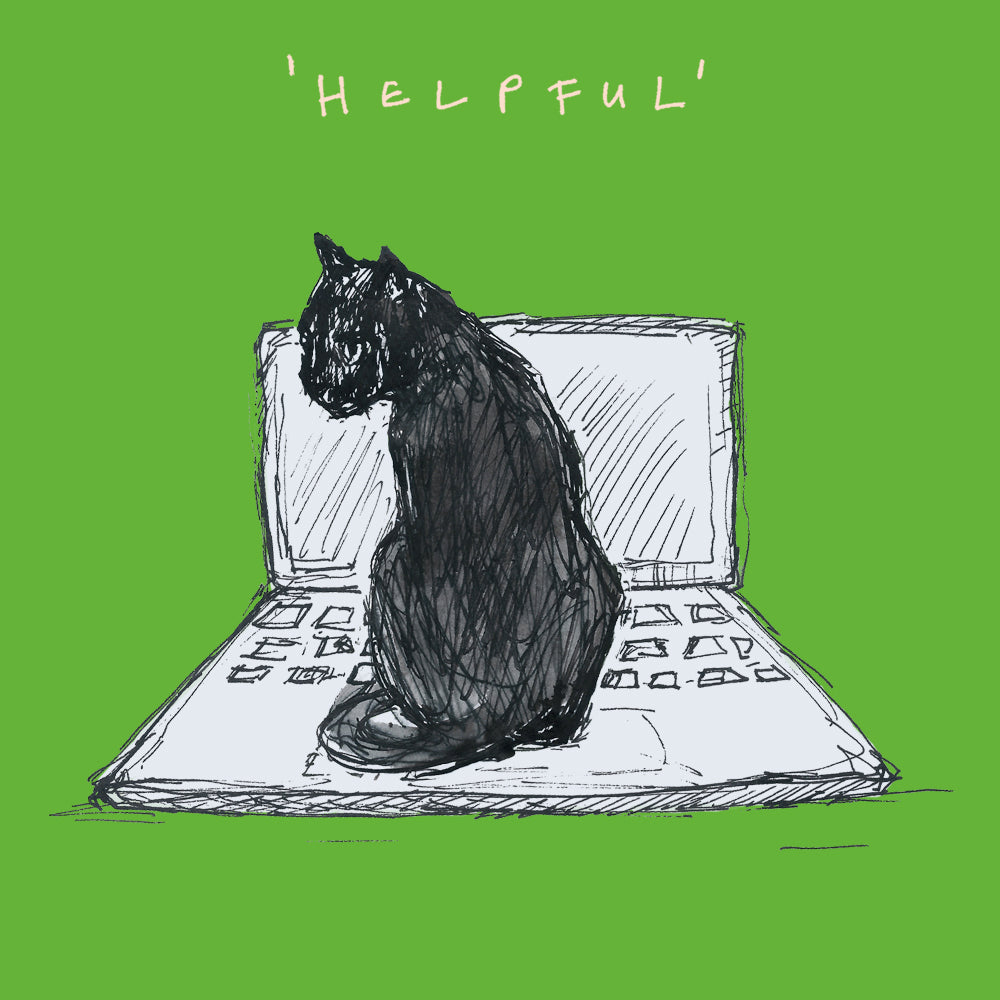 Black cat sitting on laptop keyboard. Illustration, Greetings card