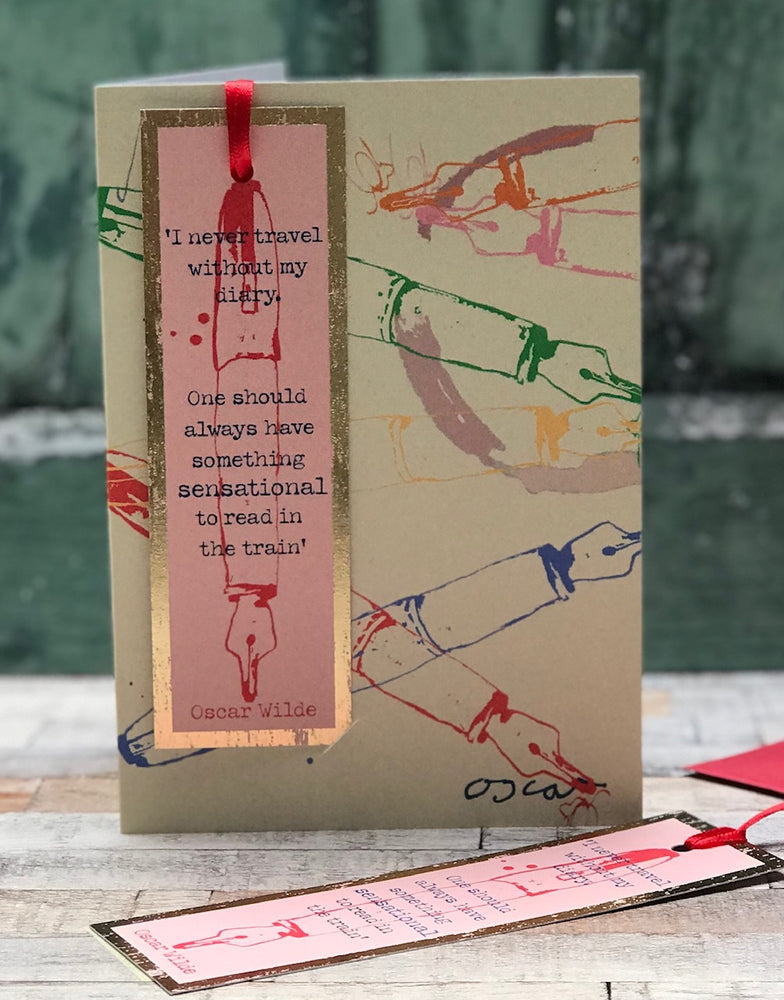 'Sensational Diary, Oscar Wilde' Greetings Card with foiled bookmark