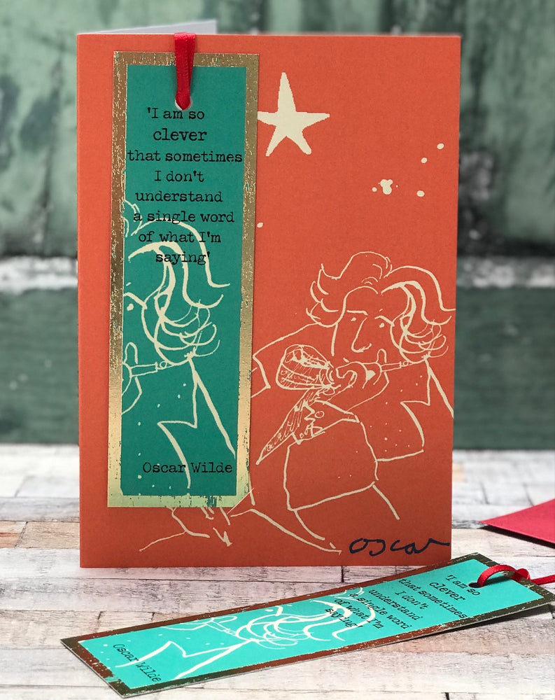 'So Clever, Oscar Wilde' Greetings Card with foiled bookmark
