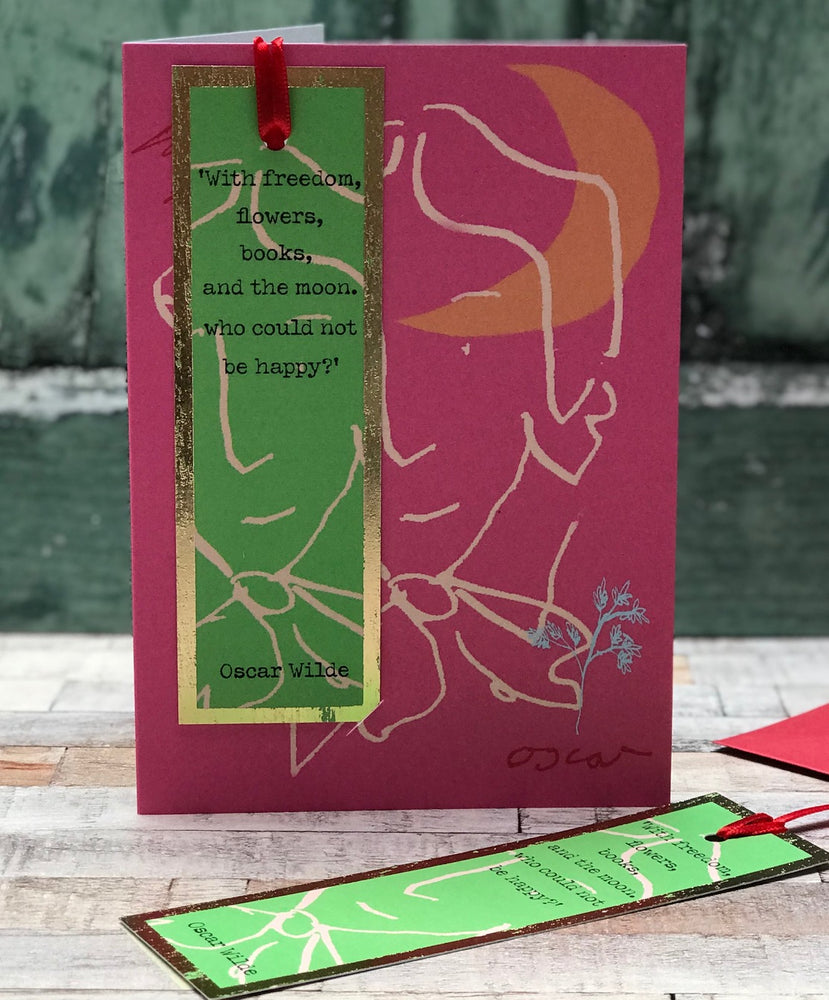 'Freedom,Flowers,Books Oscar Wilde' Greetings Card with foiled bookmark