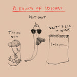 Ink drawing illustration of a bunch of idioms; a tough nut, a hot shot and a nasty piece of work